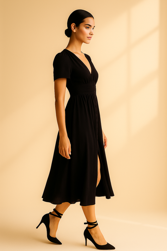 Damen Midikleid in Schwarz mit V-Ausschnitt und Knopfleiste