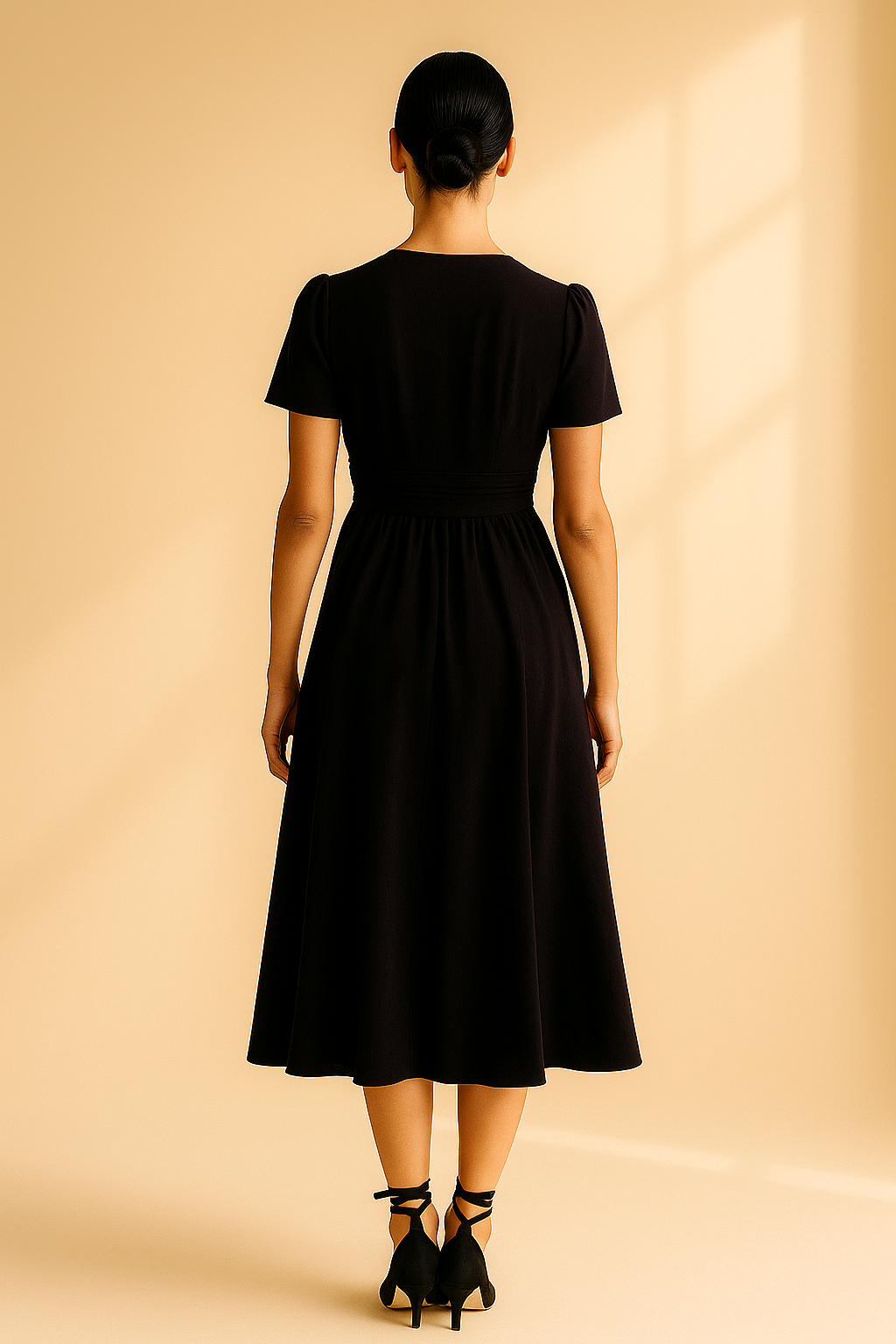 Damen Midikleid in Schwarz mit V-Ausschnitt und Knopfleiste