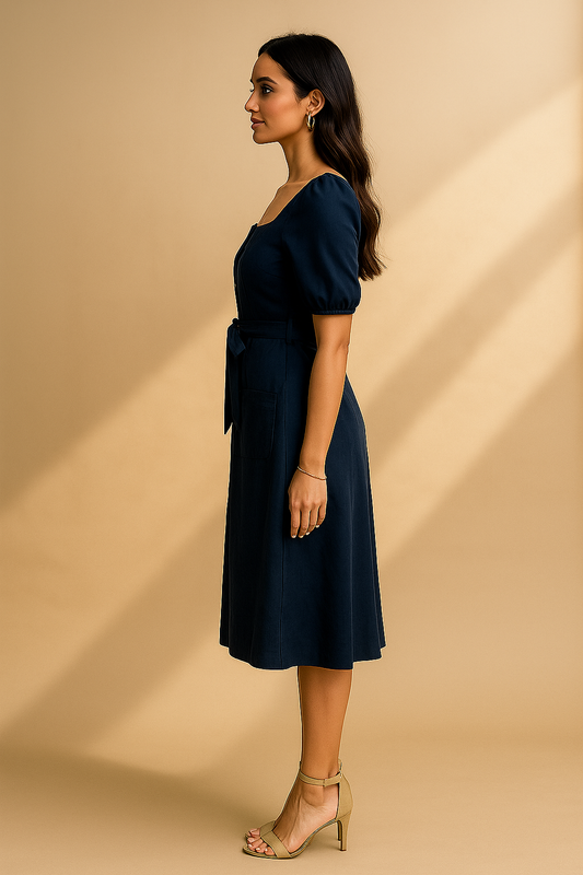 Damen Midikleid in Blau mit Puffärmeln und Knopfleiste