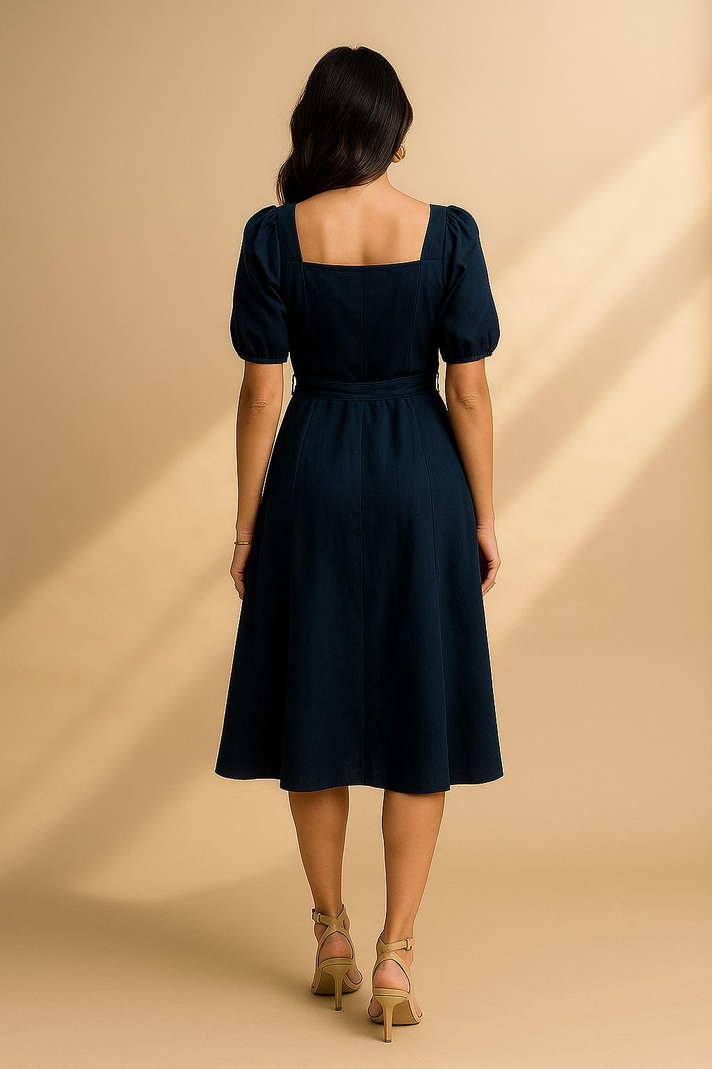 Damen Midikleid in Blau mit Puffärmeln und Knopfleiste