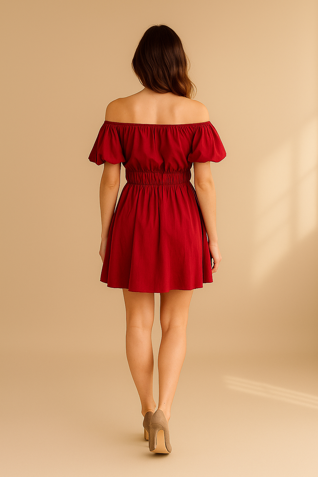 Rotes schulterfreies Minikleid für Damen mit Puffärmeln
