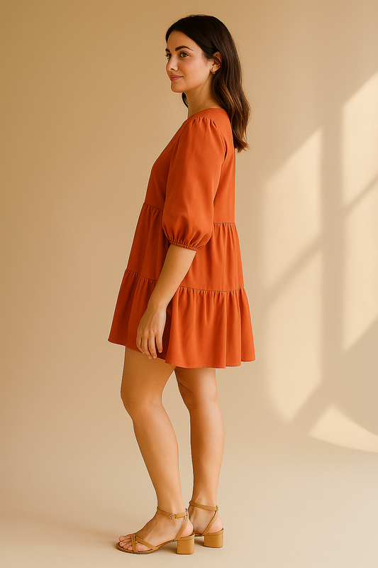 Damen Minikleid in Orange mit Puffärmeln und Stufensrock