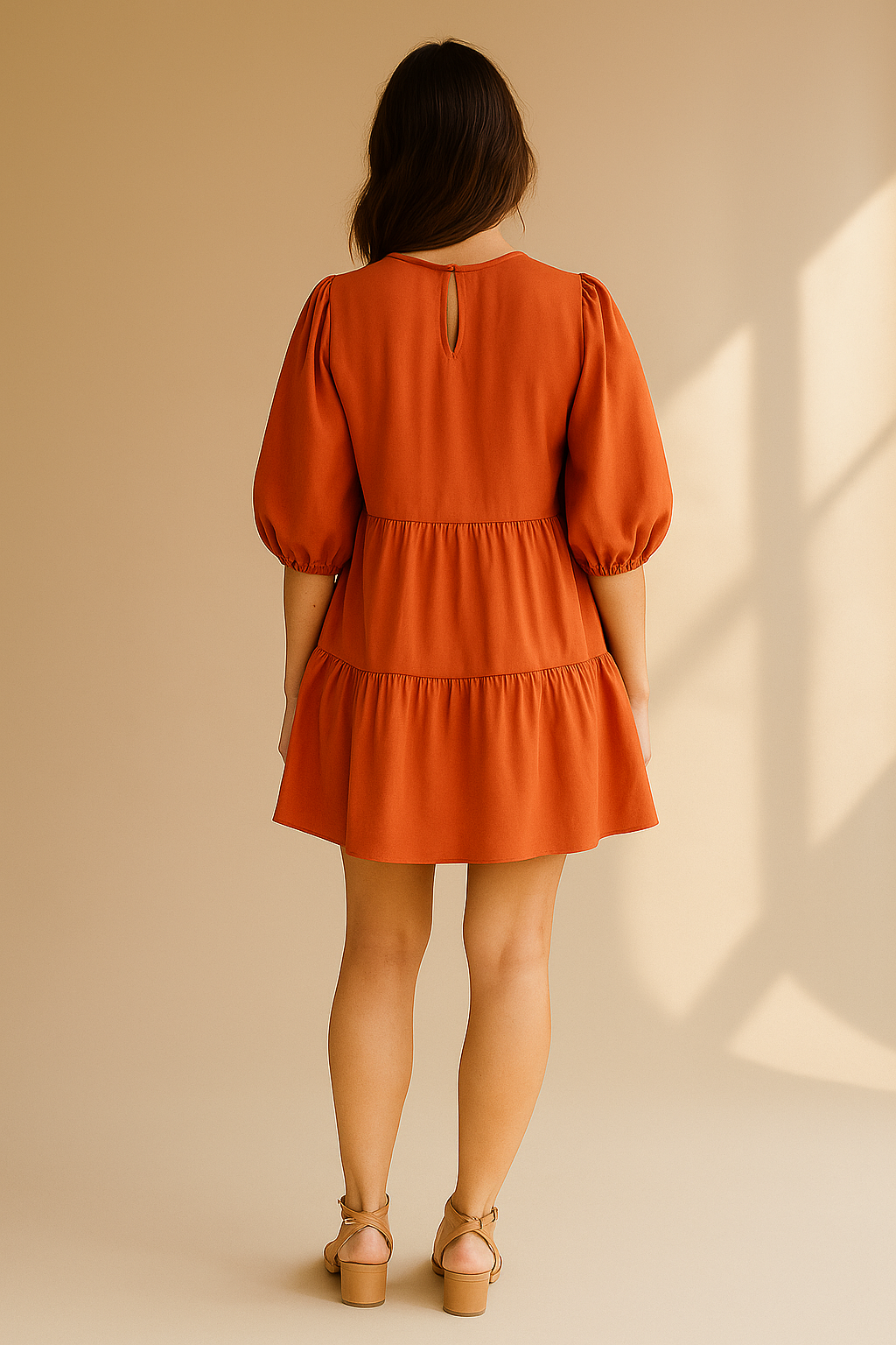 Damen Minikleid in Orange mit Puffärmeln und Stufensrock