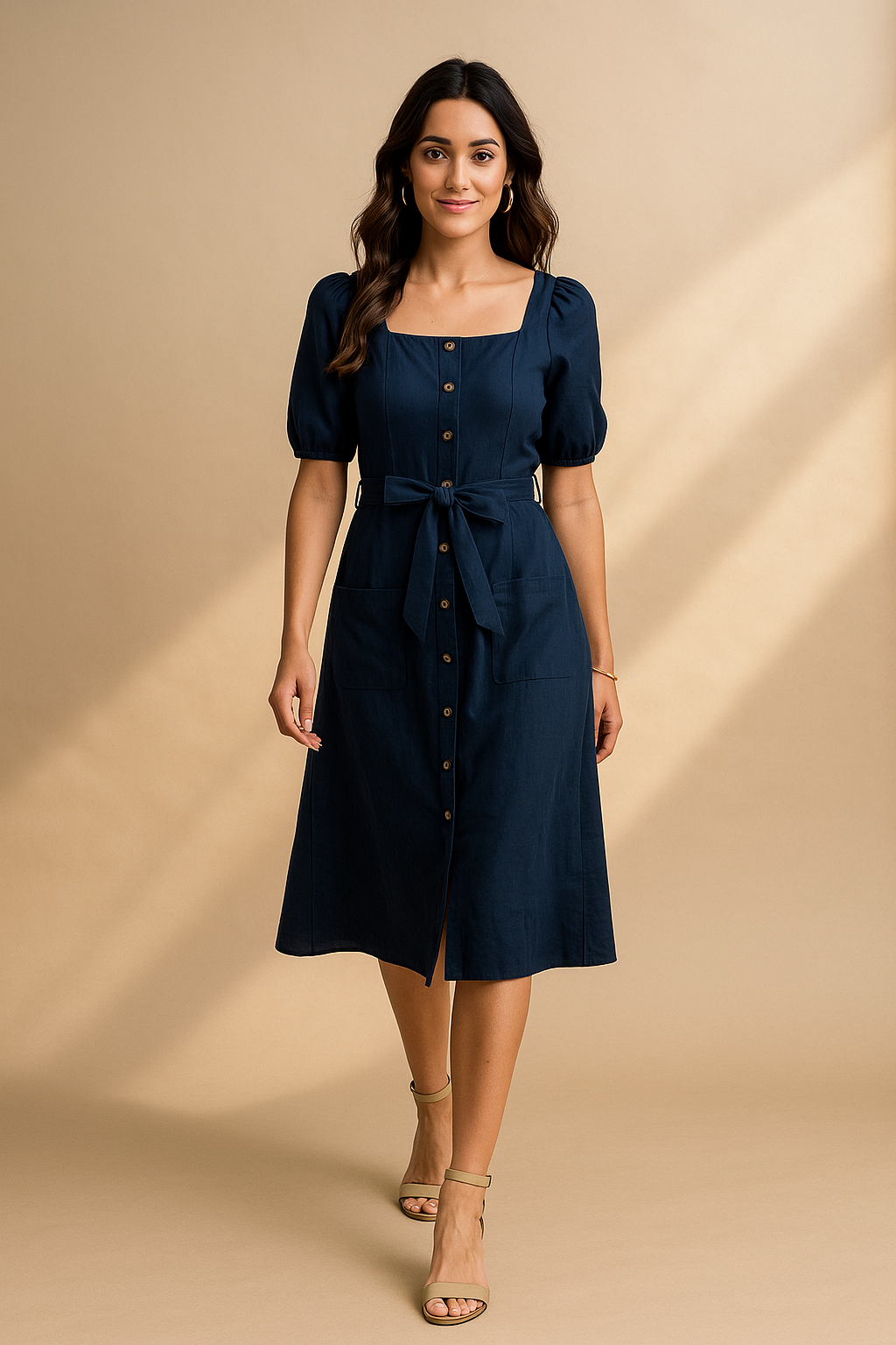 Damen Midikleid in Blau mit Puffärmeln und Knopfleiste