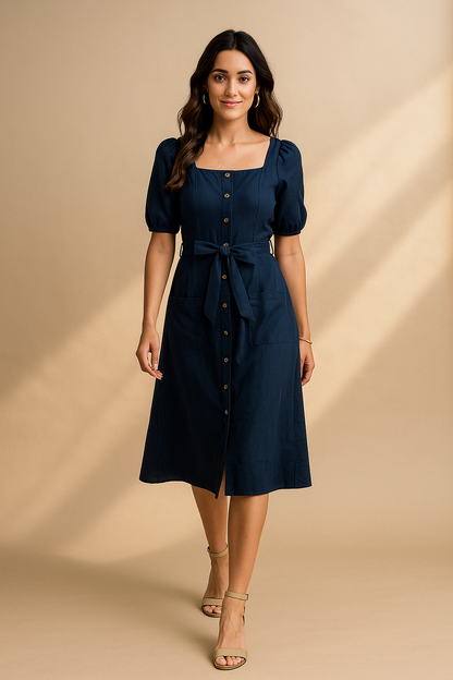 Damen Midikleid in Blau mit Puffärmeln und Knopfleiste
