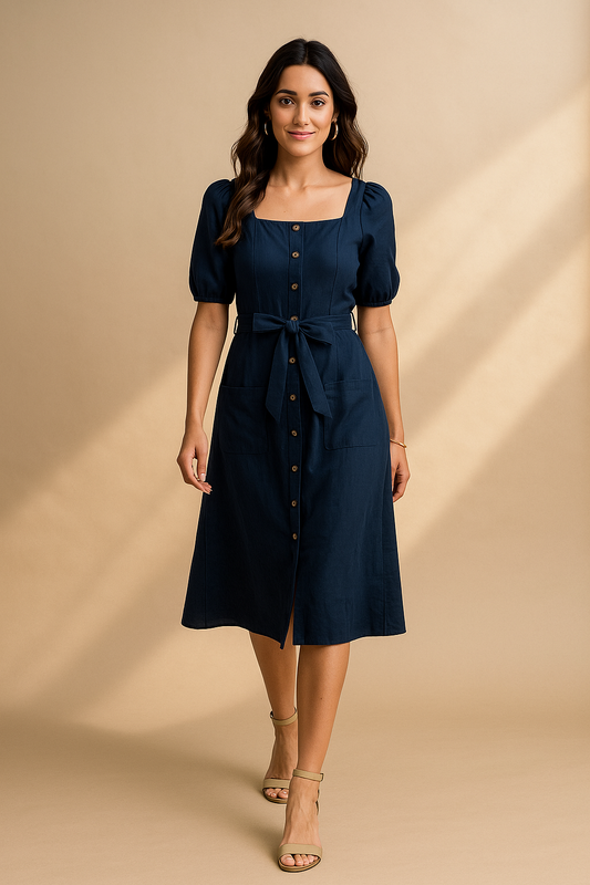 Damen Midikleid in Blau mit Puffärmeln und Knopfleiste