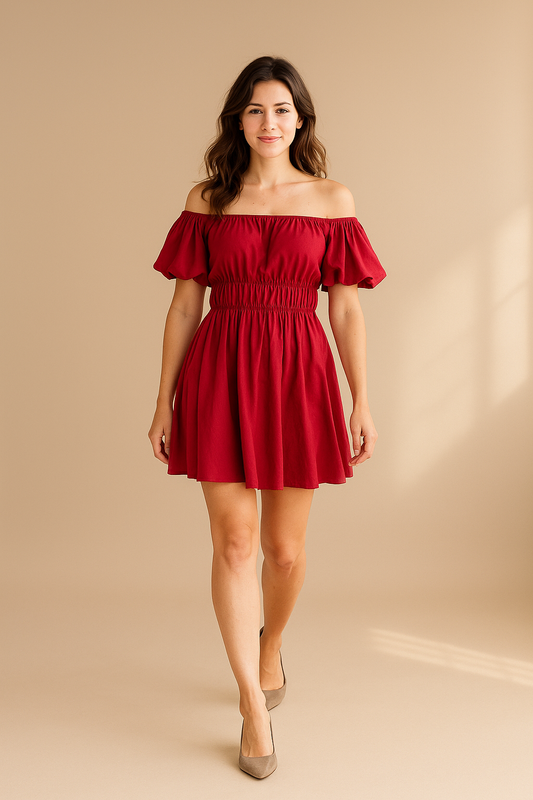 Rotes schulterfreies Minikleid für Damen mit Puffärmeln