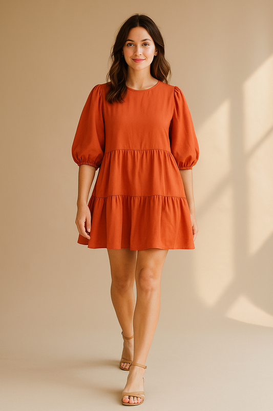 Damen Minikleid in Orange mit Puffärmeln und Stufensrock