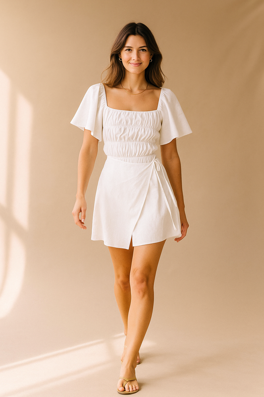 Weißes Mini-Wickelkleid für Damen mit Flatterärmeln